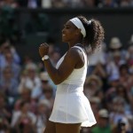 
              Serena Williams of the United States celebrates as she defeats Maria Sharapova of Russia in their women's singles semifinal match at the All England Lawn Tennis Championships in Wimbledon, London, Thursday July 9, 2015. Williams won 6-2, 6-4.  (AP Photo/Alastair Grant)
            