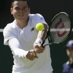 
              Milos Raonic of Canada plays a return during the men's singles first round match against Daniel Gimeno-Traver of Spain at the All England Lawn Tennis Championships in Wimbledon, London, Monday June 29, 2015. (AP Photo/Tim Ireland)
            