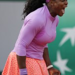 
              Serena Williams of the U.S. reacts as she plays Belarus' Victoria Azarenka during their third round match of the French Open tennis tournament at the Roland Garros stadium, Saturday, May 30, 2015 in Paris.  (AP Photo/Francois Mori)
            