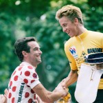 
              FILE - In this Sunday, July 27, 1986 file photo, five-time winner Bernard Hinault of France, left, congratulates Tour de France winner Greg Lemond of the United States in Paris. LeMond was at the peak of cycling in 1987 after becoming the first American to win the Tour de France the previous year. LeMond didn’t get to get defend his title in 1987 after being shot accidentally by his brother-in-law while they were turkey hunting. (AP Photo/Pierre Gleizes, File)
            