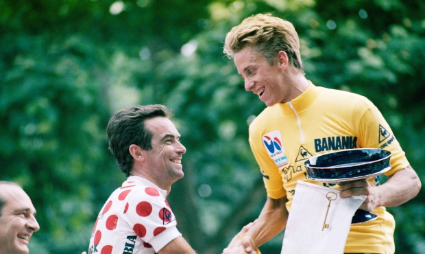 FILE – In this Sunday, July 27, 1986 file photo, five-time winner Bernard Hinault of France, ...