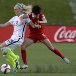 
              United States' Julie Johnston (19) battles China's Wang Shanshan (9) for the ball during the first half of a quarterfinal match in the FIFA Women's World Cup soccer tournament, Friday, June 26, 2015, in Ottawa, Ontario, Canada. (Adrian WyldThe Canadian Press via AP)
            