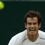 
              Andy Murray of Britain serves to Andreas Seppi of Italy during their singles match at the All England Lawn Tennis Championships in Wimbledon, London, Saturday July 4, 2015. (AP Photo/Alastair Grant)
            