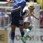 
              United States’ Carli Lloyd (10) and Ireland's Carli Lloyd attempt to head the ball during the first half of an exhibition soccer match Sunday, May 10, 2015, in San Jose, Calif. (AP Photo/Tony Avelar)
            