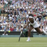 
              Serena Williams of the United States returns a shot to Victoria Azarenka of Belarus during their singles match at the All England Lawn Tennis Championships in Wimbledon, London, Tuesday July 7, 2015. (AP Photo/Pavel Golovkin)
            