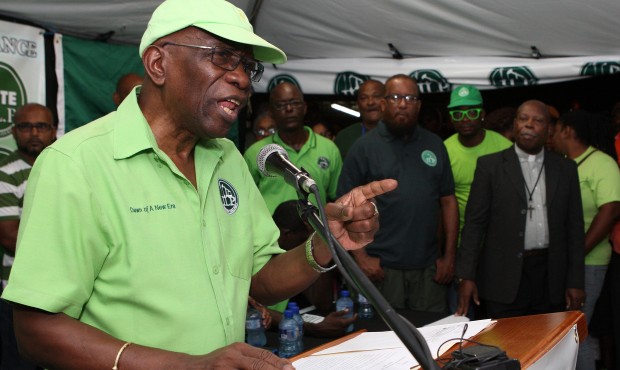 Former FIFA vice president Jack Warner speaks at a political rally in Marabella, Trinidad and Tobag...
