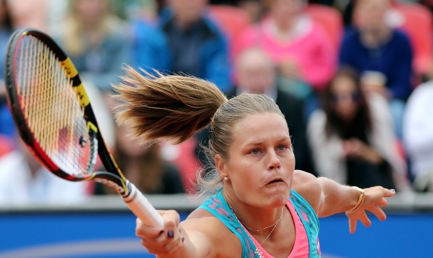 Karin Knapp from Italy returns a ball to Italy’s Roberta Vinci during the final of the Nuremb...