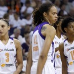 Phoenix Mercury's Diana Taurasi (3), Brittney Griner (42) and Briana Gilbreath (15) walk on the court as they are down to the Minnesota Lynx late in the second half of a WNBA Western Conference Finals basketball game on Sunday, Sept. 29, 2013, in Phoenix. The Lynx defeated the Mercury 72-65 and won the Western Conference Finals 2-0, earning a trip to the WNBA Finals to face the Atlanta Dream. (AP Photo/Ross D. Franklin)