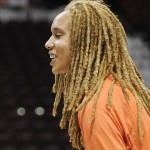 The West's Brittney Griner, of the Phoenix Mercury, warms up before the WNBA All-Star basketball game against the East, Saturday, July 25, 2015, in Uncasville, Conn. (AP Photo/Jessica Hill)
