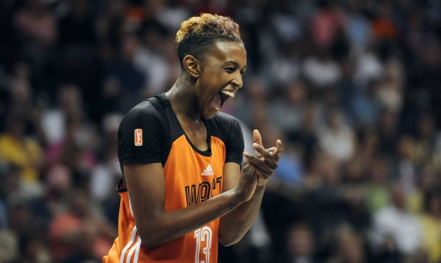 West’s Danielle Robinson, of the San Antonio Stars, reacts during the first half of the WNBA All-...