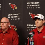 Arizona Cardinals new quarterback Carson Palmer, right, and head coach Bruce Arians speak to the media during an NFL football news conference, Tuesday, April 2, 2013, at the teams' training facility in Tempe, Ariz. (AP Photo/Matt York)