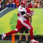 Kansas City Chiefs inside linebacker Derrick Johnson (56) of the AFC returns an interception for a touchdown against the NFC during the second quarter of the NFL football Pro Bowl game in Honolulu, Sunday, Jan. 27, 2013. (AP Photo/Marco Garcia)