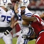 Indianapolis Colts quarterback Andrew Luck (12) is tackled by Arizona Cardinals defensive end Darnell Dockett (90) during the second half of an NFL football game, Sunday, Nov. 24, 2013, in Glendale, Ariz. (AP Photo/Rick Scuteri)