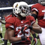 Arizona Cardinals running back Alfonso Smith (29) celebrates after scoring a touchdown in the first half of an NFL football game against the New Orleans Saints in New Orleans, Sunday, Sept. 22, 2013. (AP Photo/Bill Feig)