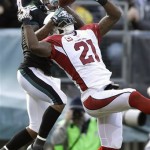 Arizona Cardinals' Patrick Peterson, right, breaks up a pass intended for Philadelphia Eagles' DeSean Jackson during the first half of an NFL football game, Sunday, Dec. 1, 2013, in Philadelphia. (AP Photo/Matt Rourke)