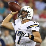 San Diego Chargers quarterback Philip Rivers (17) throws against the Arizona Cardinals during the first half of a preseason NFL football game, Saturday, Aug. 24, 2013, in Glendale, Ariz. (AP Photo/Rick Scuteri)