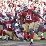 San Francisco 49ers running back Frank Gore (21) celebrates after scoring on a 2-yard touchdown run against the Arizona Cardinals during the fourth quarter of an NFL football game in San Francisco, Sunday, Dec. 30, 2012. (AP Photo/Marcio Jose Sanchez)