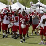 Arizona Cardinals' Will Batson (2) is hoisted in the air as players Alex Okafor (57), Mike Gibson (69), Calais Campbell (93), Jonathan Cooper (61), Daryl Washington (58), and Frostee Rucker (98) and others celebrate after Batson's made field goal ends practice early at NFL football minicamp Thursday, June 13, 2013, in Tempe, Ariz. (AP Photo/Ross D. Franklin)