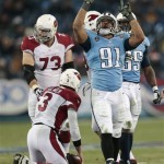 Tennessee Titans defensive tackle Jurrell Casey (99) celebrates after sacking Arizona Cardinals quarterback Carson Palmer (3) for a 9-yard loss in the second quarter of an NFL football game Sunday, Dec. 15, 2013, in Nashville, Tenn. (AP Photo/Wade Payne)