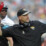 Jacksonville Jaguars head coach Gus Bradley throws the red flag as he disputes a call by officials during the second half of an NFL football game against the Arizona Cardinals in Jacksonville, Fla., Sunday, Nov. 17, 2013. (AP Photo/Stephen Morton)