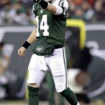New York Jets quarterback Greg McElroy gestures during the second half of an NFL football game against the Arizona Cardinals, Sunday, Dec. 2, 2012, in East Rutherford, N.J. The Jets won 7-6. (AP Photo/Kathy Willens)