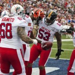 Miami Dolphins guard Richie Incognito (68), Pittsburgh Steelers center Maukice Pouncey (53), and Houston Texans guard Wade Smith (74), all of the AFC, congratulate teammate Cincinnati Bengals wide receiver A.J. Green (18) on his touchdown against the NFC during the first quarter of the NFL football Pro Bowl game in Honolulu, Sunday, Jan. 27, 2013. (AP Photo/Marco Garcia)