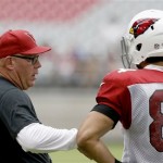 Arizona Cardinals head coach Bruce Arians, left, talks with Rob Housler at NFL football training camp practice on Monday, Aug. 5, 2013, in Glendale, Ariz. (AP Photo/Ross D. Franklin)