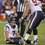 Houston Texans quarterback Case Keenum (7) is helped up by teammate Chris Myers (55) after being sacked during the second half of an NFL football game against the Arizona Cardinal, Sunday, Nov. 10, 2013, in Glendale, Ariz. (AP Photo/Ross D. Franklin)