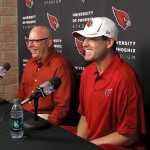 Arizona Cardinals quarterback Carson Palmer, right, and coach Bruce Arians speak to the media during a news conference, Tuesday, April 2, 2013, at the NFL football team's training facility in Tempe, Ariz. (AP Photo/Matt York)
