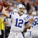 Indianapolis Colts quarterback Andrew Luck (12) throws against the Arizona Cardinals during the first half of an NFL football game, Sunday, Nov. 24, 2013, in Glendale, Ariz. (AP Photo/Rick Scuteri)