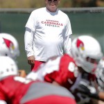 Arizona Cardinals head coach Bruce Arians watches his team workout during rookie minicamp football practice Friday, May 10, 2013, at the teams' training facility in Tempe, Ariz. (AP Photo/Matt York)
