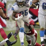 Detroit Lions running back Mikel Leshoure (25) breaks a tackle by Arizona Cardinals cornerback William Gay (22) during the second half of an NFL football game on Sunday, Dec. 16, 2012, in Glendale, Ariz. (AP Photo/Matt York)