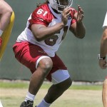 Arizona Cardinals first round draft pick Jonathan Cooper (61) works out during rookie minicamp football practice Friday, May 10, 2013, at the teams' training facility in Tempe, Ariz. (AP Photo/Matt York)
