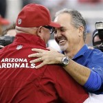 Indianapolis Colts head coach Chuck Pagano, right, smiles as he and Arizona Cardinals head coach Bruce Arians hug prior to an NFL football game Sunday, Nov. 24, 2013, in Glendale, Ariz. Arians was an assistant coach under Pagano last season, and was the interim head coach when Pagano was out battling leukemia last season. (AP Photo/Ross D. Franklin)