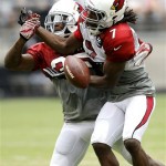 Arizona Cardinals' Javier Arenas, left breaks up a pass intended for Tyler Shaw, right, during an NFL football training camp, Friday, Aug. 2, 2013, in Glendale, Ariz. (AP Photo/Matt York)