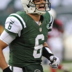 New York Jets quarterback Mark Sanchez reacts during the second half of an NFL football game against the Arizona Cardinals, Sunday, Dec. 2, 2012, in East Rutherford, N.J. (AP Photo/Bill Kostroun)