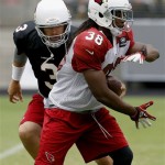 Arizona Cardinals' Carson Palmer (3) hands the ball off to Andre Ellington (38) during NFL football training camp practice at University of Phoenix Stadium on Tuesday, July 30, 2013, in Glendale, Ariz. (AP Photo/Ross D. Franklin)