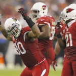 Arizona Cardinals defensive end Darnell Dockett (90) celebrates during the second half of an NFL football game against the Indianapolis Colts, Sunday, Nov. 24, 2013, in Glendale, Ariz. The Cardinals won 40-11. (AP Photo/Rick Scuteri)