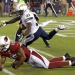 Arizona Cardinals wide receiver Michael Floyd (15) pulls in a touchdown pass as San Diego Chargers cornerback Gregory Gatson (31) defends during the second half of a preseason NFL football game Saturday, Aug. 24, 2013, in Glendale, Ariz. (AP Photo/Ross D. Franklin)