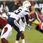 San Diego Chargers defensive back Darrell Stuckey (25) blocks the punt of Arizona Cardinals punter Dave Zastudil during the first half of a preseason NFL football game, Saturday, Aug. 24, 2013, in Glendale, Ariz. (AP Photo/Ross D. Franklin)