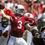 Arizona Cardinals quarterback Carson Palmer (3) throws a pass as he is pressured by Tampa Bay Buccaneers defensive end Steven Means (96), right, during the first quarter of an NFL football game Sunday, Sept. 29, 2013, in Tampa, Fla. (AP Photo/Reinhold Matay)