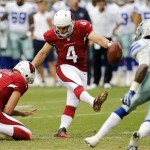 Arizona Cardinals kicker Jay Feely (4) boots a field goal as teammate Dave Zastudil holds and Dallas Cowboys defensive back Brandon Underwood (23) defends during the first half of a preseason NFL football game on Saturday, Aug. 17, 2013, in Glendale, Ariz. (AP Photo/Matt York)