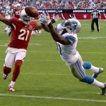 Detroit Lions wide receiver Calvin Johnson (81) cannot pull in a pass as Arizona Cardinals cornerback Patrick Peterson (21) defends during the first half of an NFL football game on Sunday, Dec. 16, 2012, in Glendale, Ariz. (AP Photo/Ross D. Franklin)