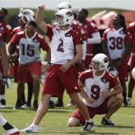 Arizona Cardinals' Will Batson (2) watches his field goal go through the uprights as teammates, including Dave Zastudil (9) and Yeremiah Bell (37) look on during NFL football minicamp Thursday morning, June 13, 2013, in Tempe, Ariz. Batson's made field goal ended practice early. (AP Photo/Ross D. Franklin)