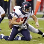 Houston Texans quarterback Case Keenum (7) is sacked by Arizona Cardinals outside linebacker John Abraham during the second half of an NFL football game Sunday, Nov. 10, 2013, in Glendale, Ariz. (AP Photo/Ross D. Franklin)