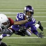  Minnesota Vikings cornerback Marcus Sherels, right, breaks up a pass intended for Arizona Cardinals wide receiver Brittan Golden during the second half of an NFL preseason football game, Saturday, Aug. 16, 2014, in Minneapolis. The Vikings won 30-28. (AP Photo/Ann Heisenfelt)