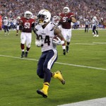 San Diego Chargers running back Ryan Mathews (24) scores a touchdown against the Arizona Cardinals during the second half of an NFL football game, Monday, Sept. 8, 2014, in Glendale, Ariz. (AP Photo/Rick Scuteri)