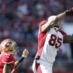 Arizona Cardinals tight end Darren Fells (85) catches a pass in front of San Francisco 49ers strong safety Antoine Bethea (41) during the first quarter of an NFL football game in Santa Clara, Calif., Sunday, Dec. 28, 2014. (AP Photo/Tony Avelar)
