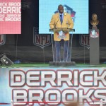 Hall of Fame inductee Derrick Brooks speaks during the Pro Football Hall of Fame enshrinement ceremony Saturday, Aug 2, 2014, in Canton, Ohio. (AP Photo/David Richard)