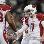 Arizona Cardinals kicker Chandler Catanzaro (7) is congratulated by his teammates after kicking a 44-yard field goal during the first half of an NFL football game against the St. Louis Rams Thursday, Dec. 11, 2014 in St. Louis. (AP Photo/Jeff Roberson)